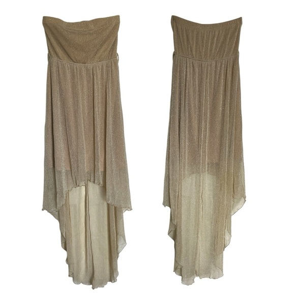Strapless Dress High Low Sheer Empire Waist Sparkly Golden rue 21 Size Small - Picture 1 of 6